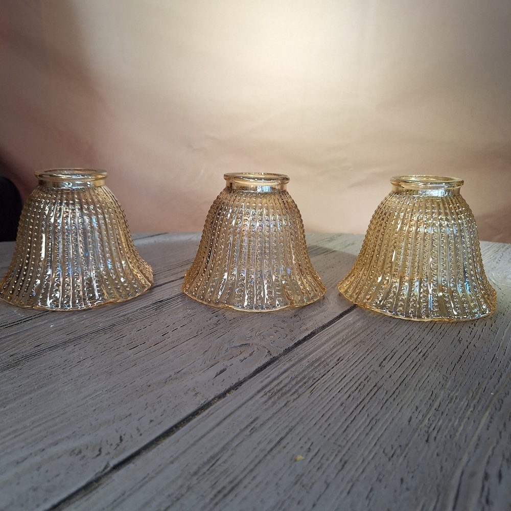 Vintage Amber/Golden Fluted Lampshade Votive Carnival/Iridescent Glass Hobnail 3